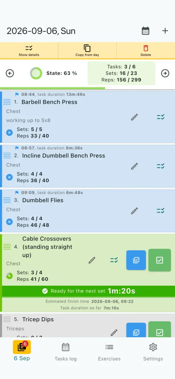 GymDid workout tracker showing a logged gym session with sets, reps, weight and a running rest timer